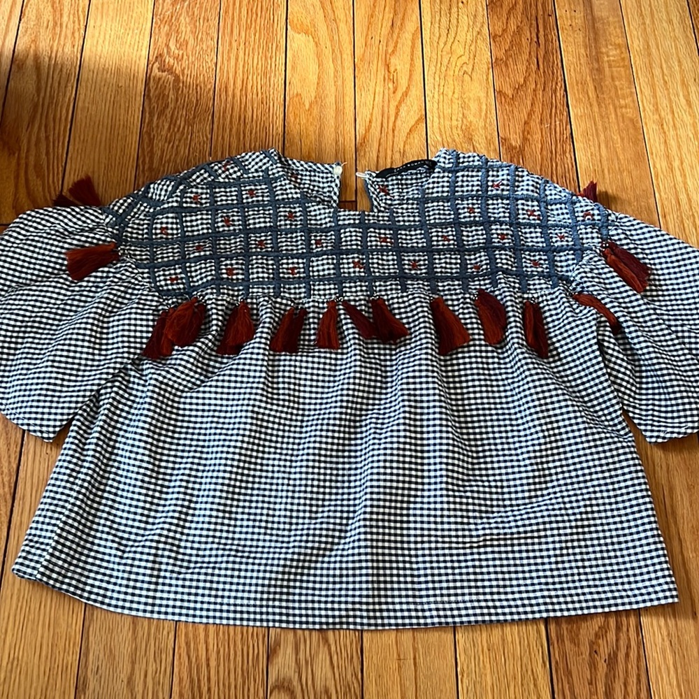 Zara Woman Gingham Check Embroidered Tassel Top Boho Blue White Womens Size M